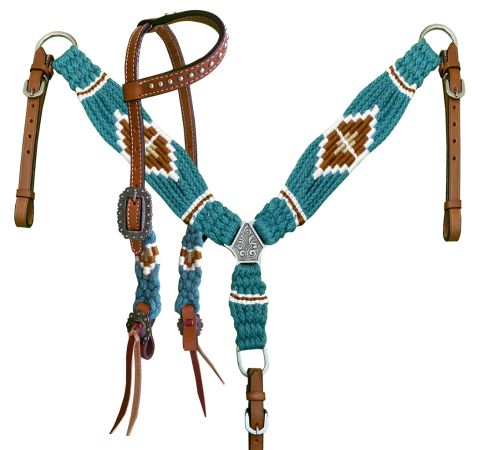 Showman Pony Size Corded One Ear Headstall &amp; Breast collar set - Teal and Brown